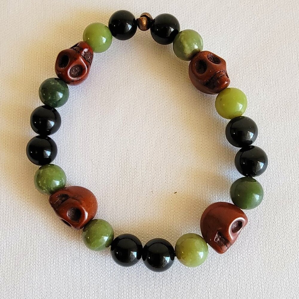 Brown Skulls With Black and Olive Beaded Bracelet, Size S-M
